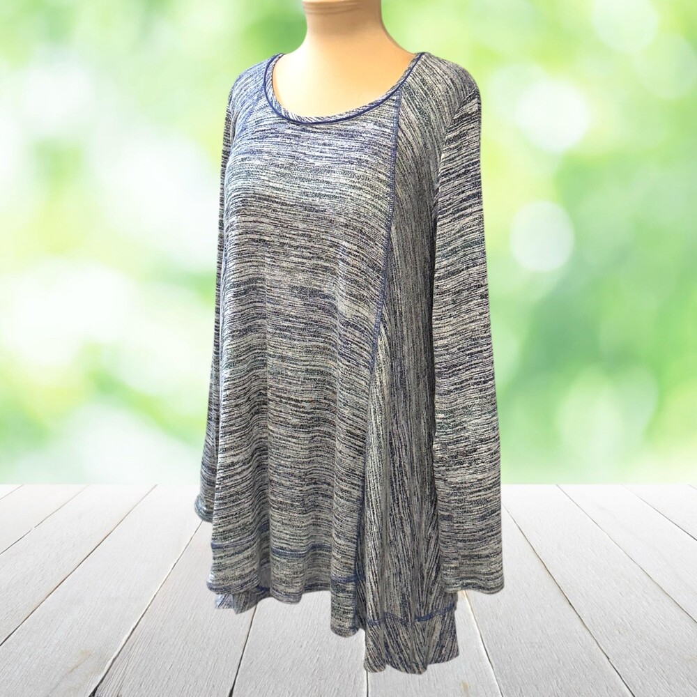 LOGO LORI GOLDSTEIN Tunic Top Marled Knit Swing Raglan Sleeves Blue Size L